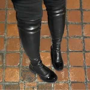 Dolls Kill Black Knee High Patent Platform Boots Block Heel Laceup Detail Size 7